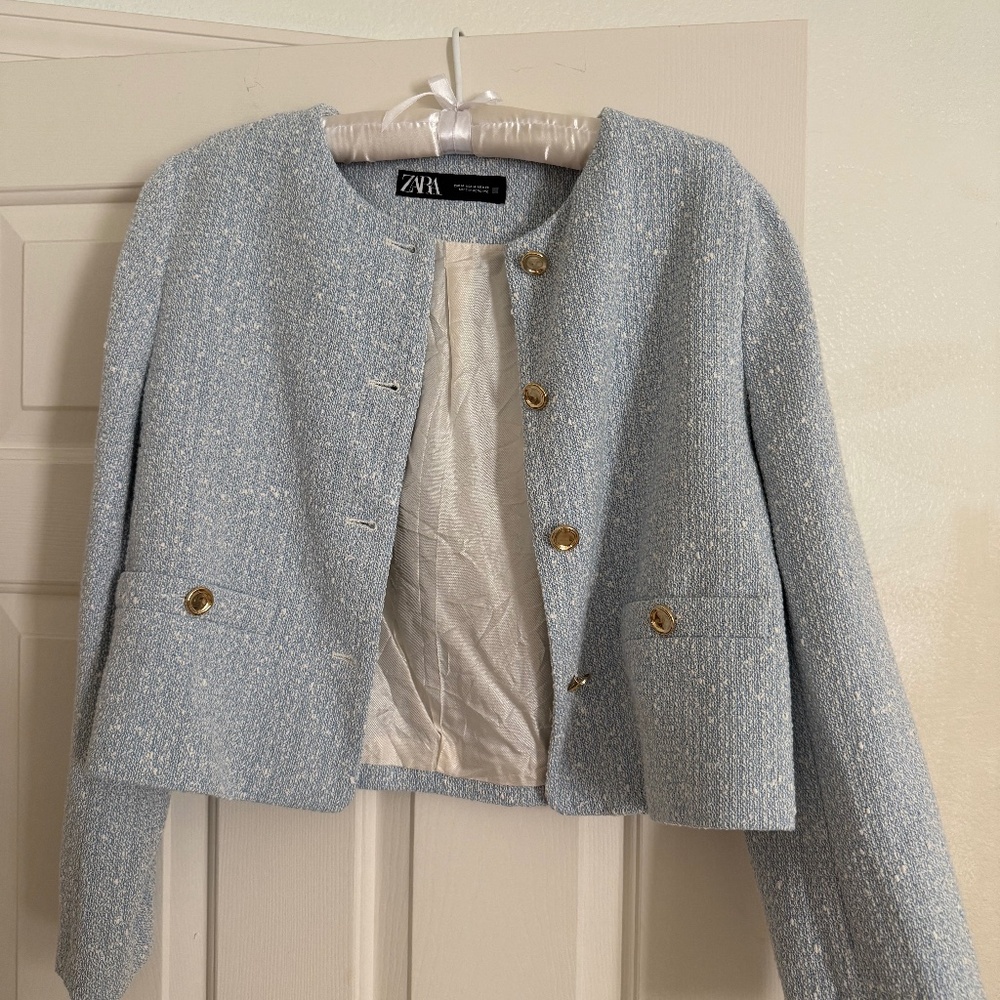 Zara baby blue white tweed blazer